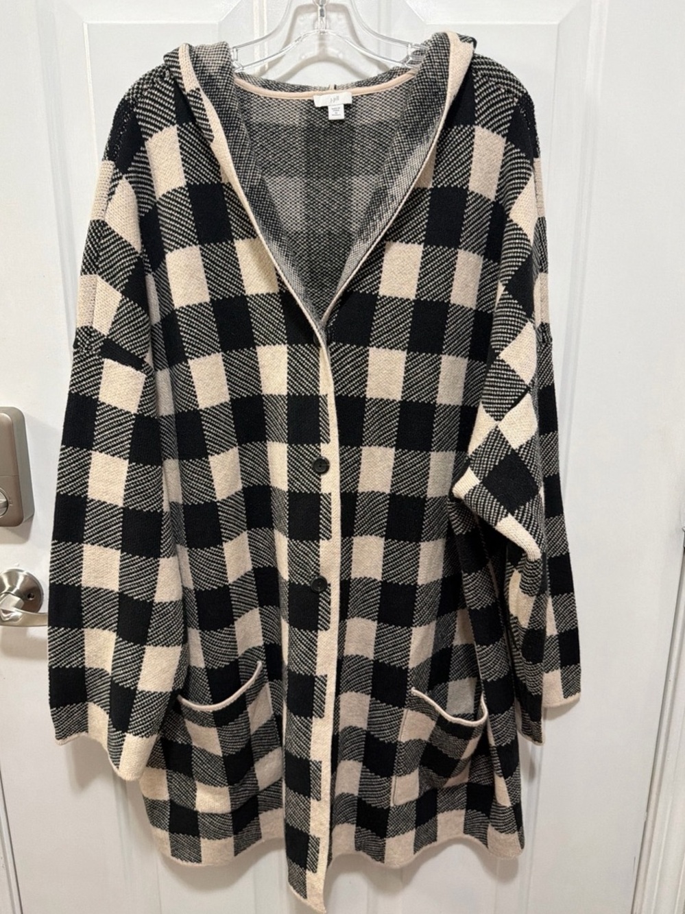 J. Jill Buffalo Check Hooded Cardigan Black & cream color XL
